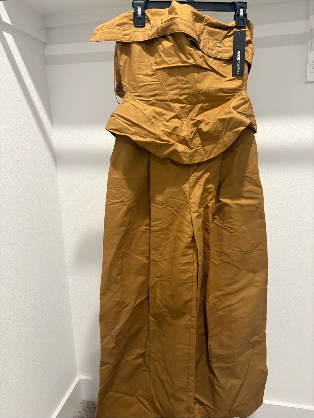 Fashion Nova Mustard Strapless Wide-Leg Jumpsuit